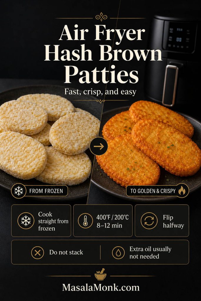 Infographic for air fryer hash brown patties showing frozen patties placed in a single layer in the air fryer, cooked at 400 degrees Fahrenheit, flipped halfway, and served golden brown.