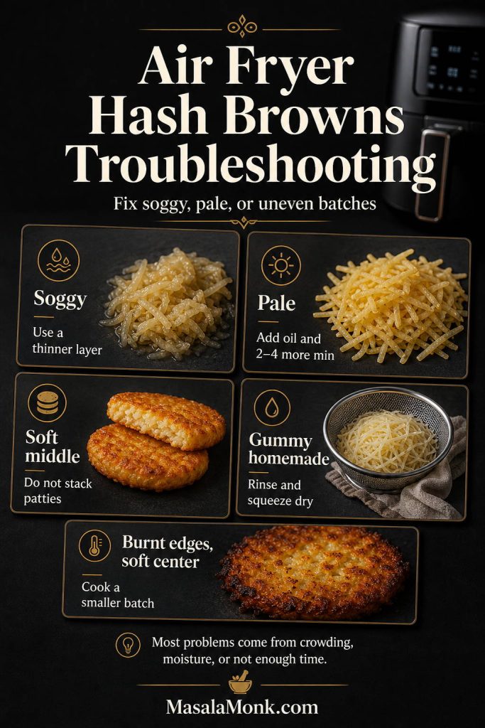 Troubleshooting infographic for air fryer hash browns showing common problems such as soggy shredded hash browns, pale potatoes, soft patties, gummy homemade hash browns, and burnt edges with soft centers, along with fixes.