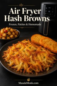 Golden crispy air fryer hash browns served on a dark plate, with loose shredded hash browns in the center and smaller supporting sections showing hash brown patties and diced breakfast potatoes against a dark editorial background.