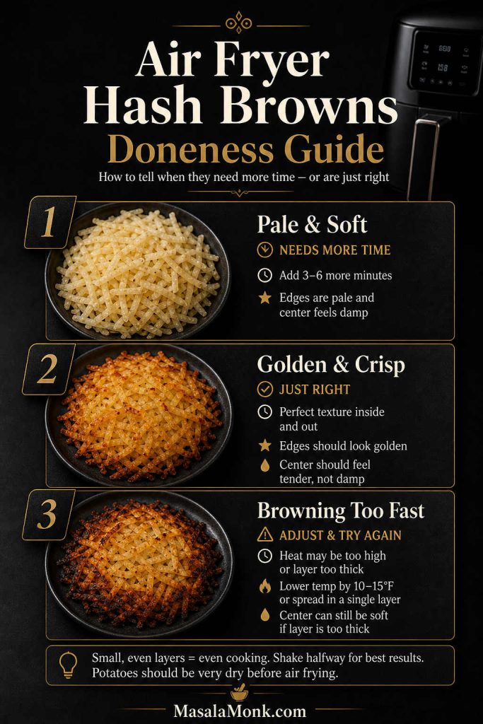 Doneness guide infographic for air fryer hash browns showing three stages: pale and soft hash browns needing more time, golden and crisp hash browns that are done, and hash browns browning too fast on the edges while the center stays soft.