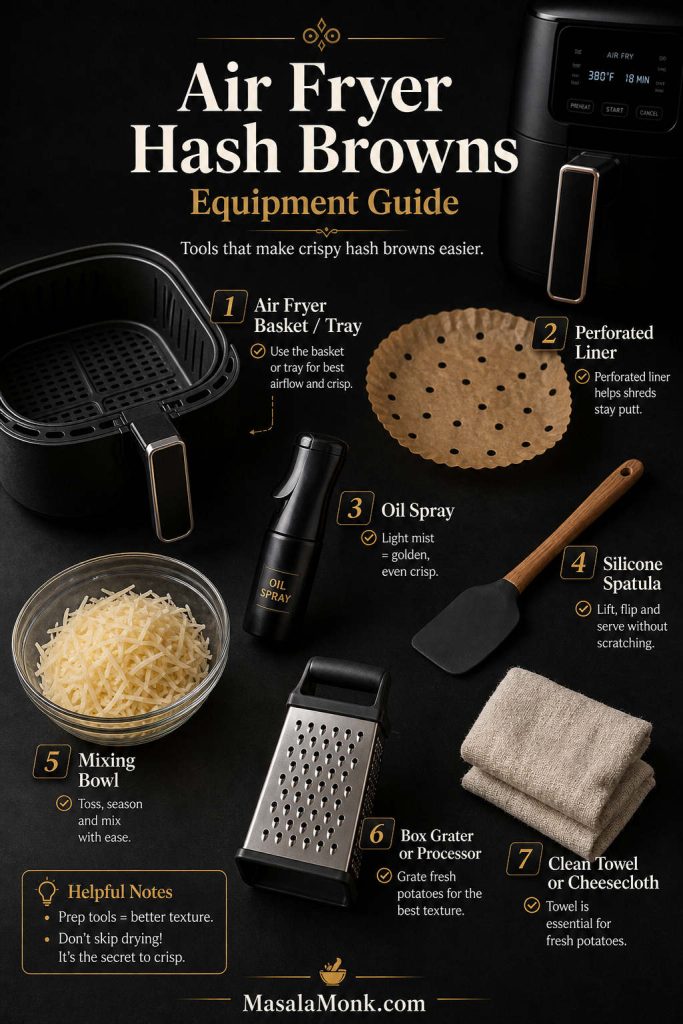 Equipment guide infographic for air fryer hash browns showing an air fryer basket, perforated parchment or liner, oil spray, silicone spatula, mixing bowl, box grater, and towel or cheesecloth used for squeezing potatoes dry.