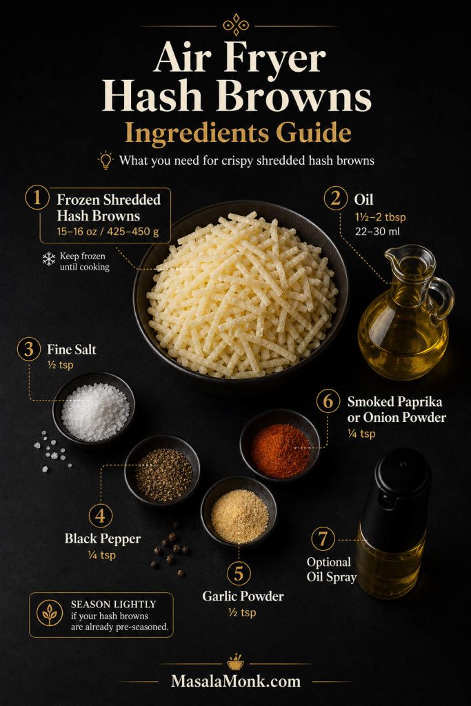 Ingredients guide infographic for air fryer hash browns showing frozen shredded hash browns, oil, fine salt, black pepper, garlic powder, smoked paprika or onion powder, and optional oil spray arranged on a dark background.