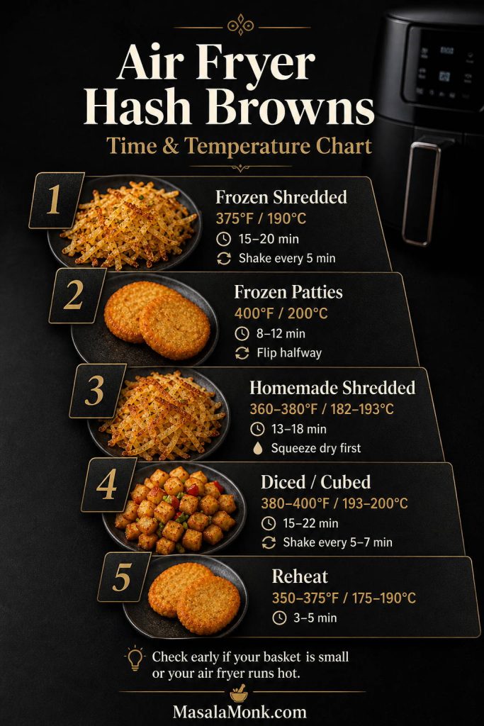 Time and temperature chart infographic for air fryer hash browns comparing frozen shredded hash browns, frozen hash brown patties, homemade shredded hash browns, frozen diced or cubed breakfast potatoes, and reheating times.