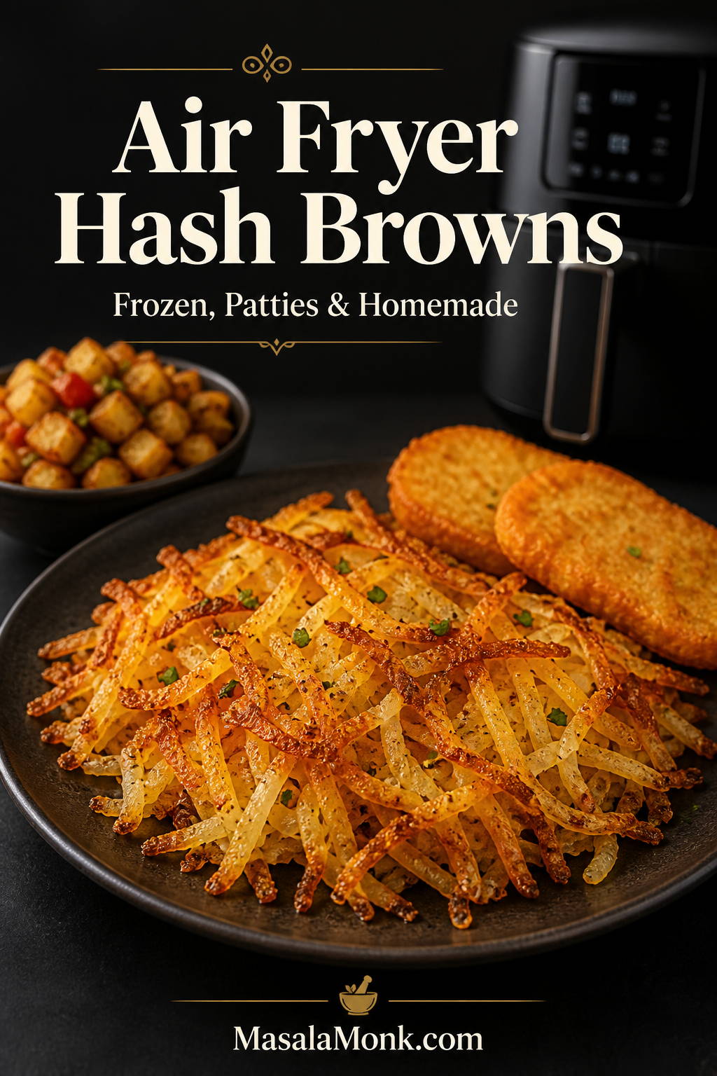 Golden crispy air fryer hash browns served on a dark plate, with loose shredded hash browns in the center and smaller supporting sections showing hash brown patties and diced breakfast potatoes against a dark editorial background.