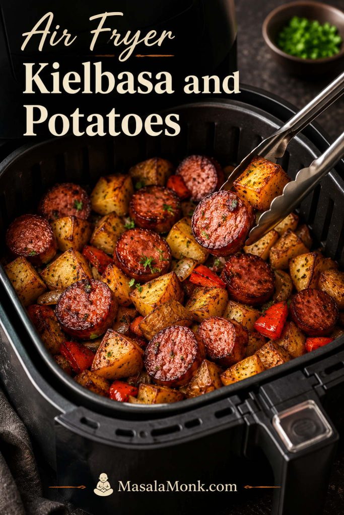 Air fryer basket filled with crisp potatoes and browned kielbasa, with tongs lifting a bite.
