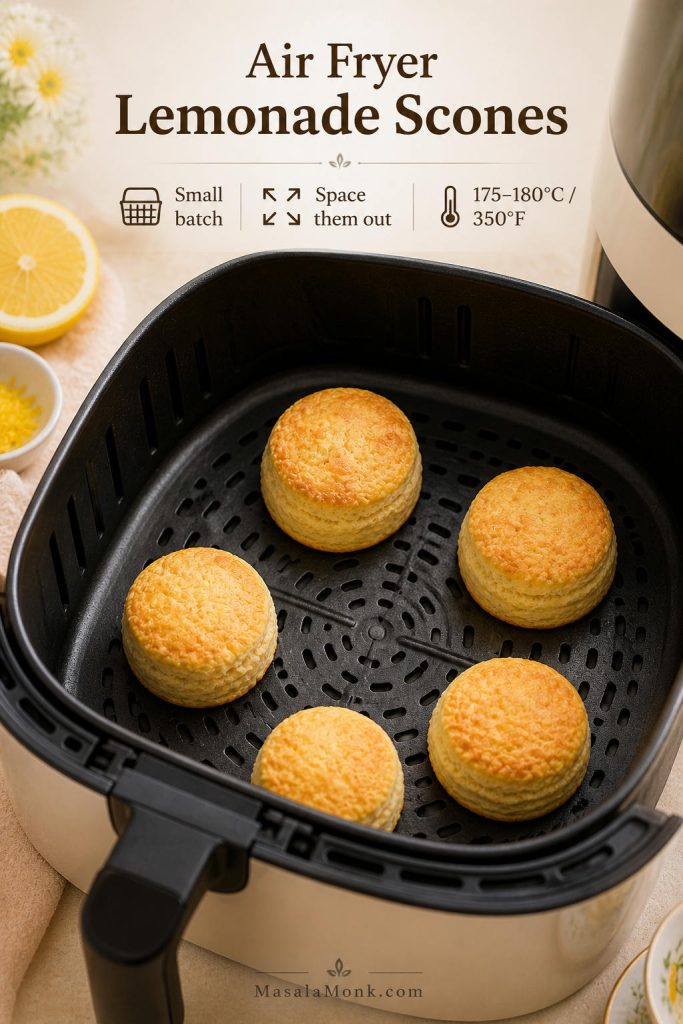 Small batch of lemonade scones spaced apart in an air fryer basket, with a temperature note for air fryer baking.