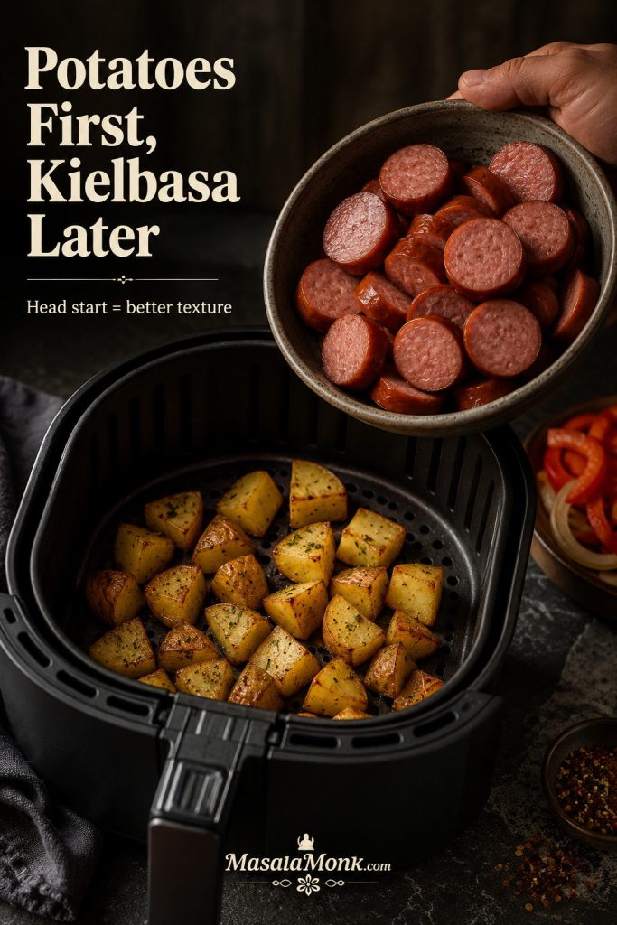 Partly cooked potatoes in an air fryer basket with kielbasa slices ready to be added later.