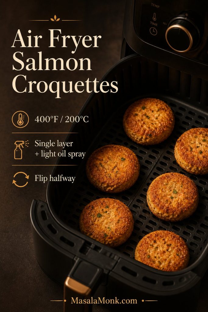 Salmon croquettes arranged in a single layer inside an air fryer basket