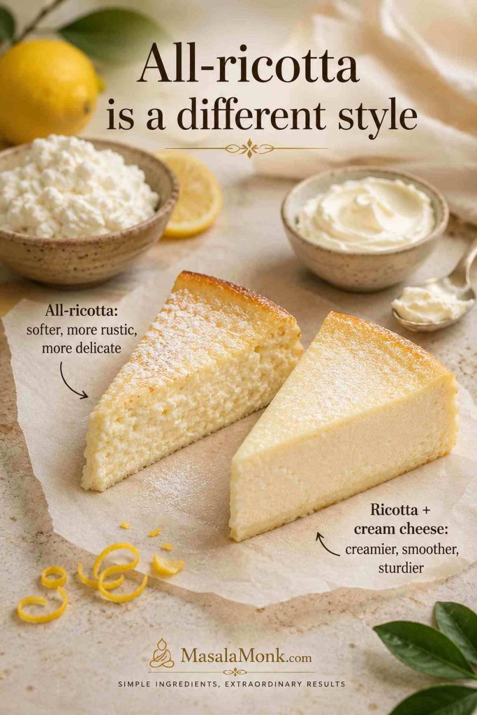 All-ricotta cheesecake slice beside a ricotta and cream cheese cheesecake slice