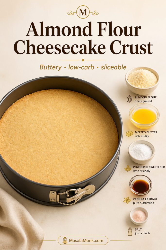Pressed almond flour cheesecake crust in a springform pan with almond flour, melted butter, powdered sweetener, vanilla, and salt.
