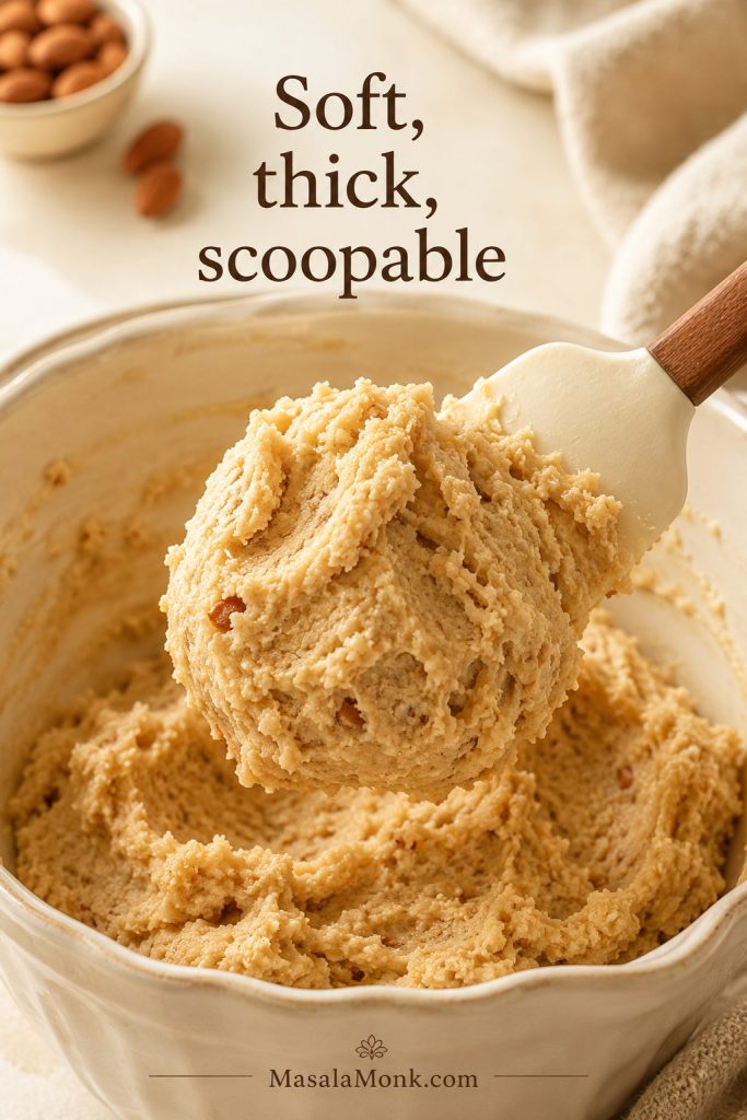 Soft thick almond flour cookie dough lifted with a spatula from a mixing bowl.