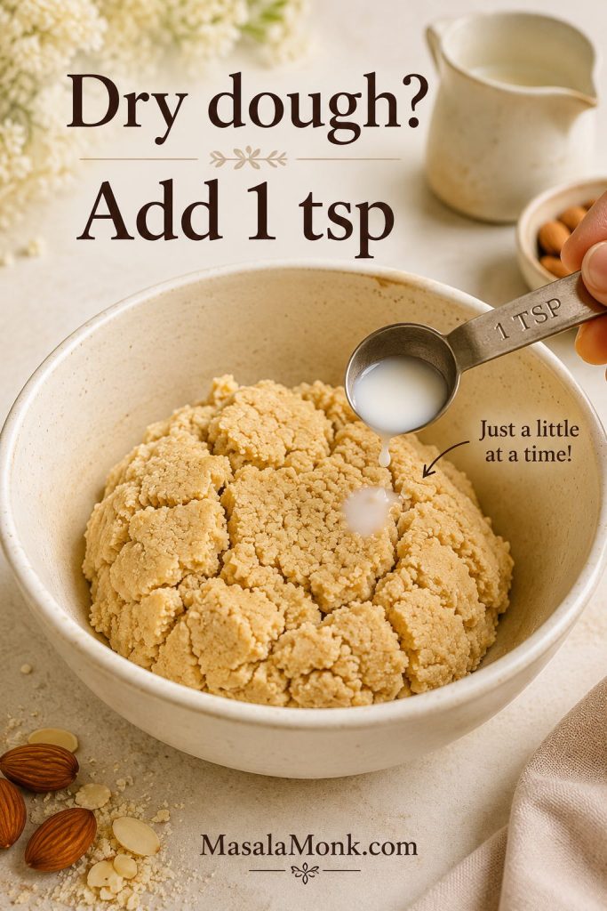 A teaspoon adding water or milk to slightly dry cracked almond flour cookie dough.