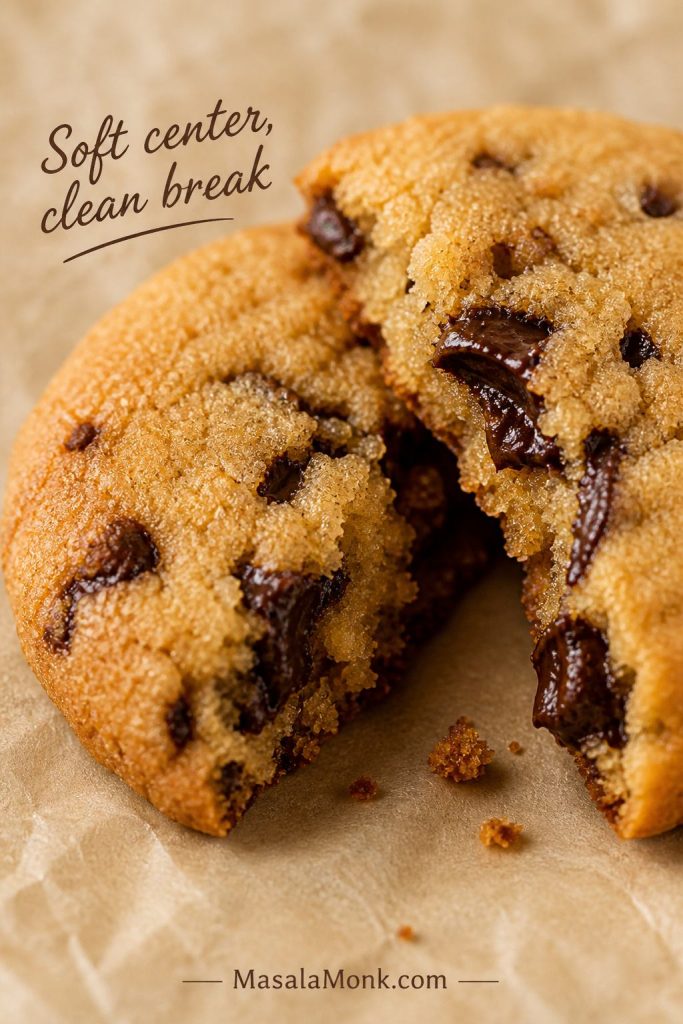 Broken chocolate chip almond flour cookie showing a soft center and melted chocolate pockets.