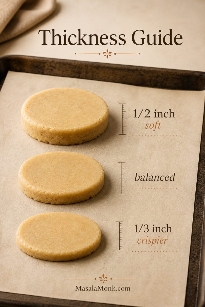 Three almond flour cookie dough discs showing different thicknesses for soft, balanced, and crispier cookies.