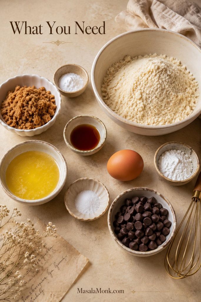 Ingredients for almond flour cookies including almond flour, brown sugar, butter, egg, vanilla, starch, and chocolate chips.