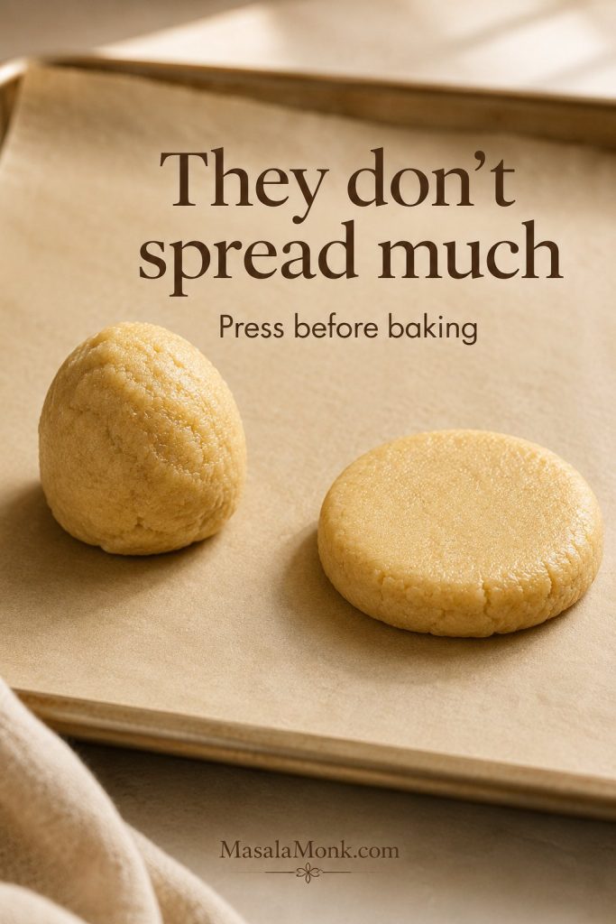 Tall unpressed almond flour cookie dough mound beside a pressed thick disc on parchment.