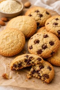 Almond flour cookies with golden edges, chocolate chips, and a soft broken center on parchment.