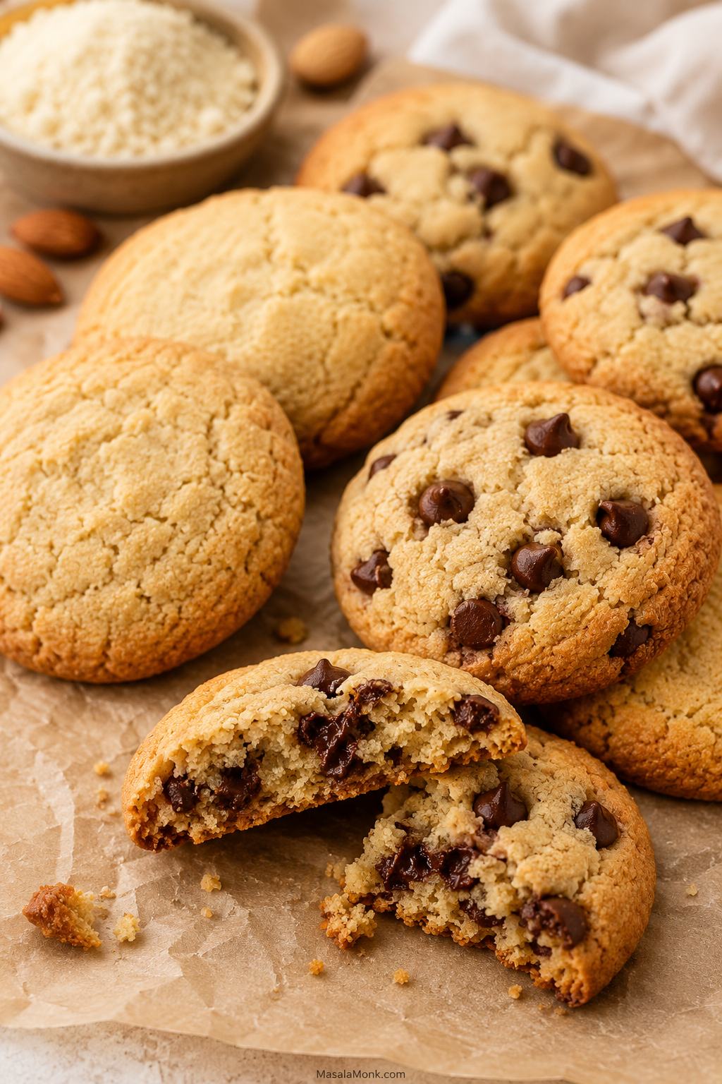Almond flour cookies with golden edges, chocolate chips, and a soft broken center on parchment.