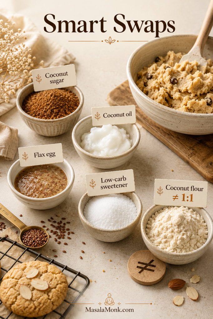 Substitution guide for almond flour cookies with coconut sugar, coconut oil, flax egg, low-carb sweetener, and coconut flour warning.