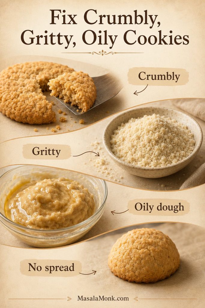 Troubleshooting guide for almond flour cookies showing crumbly cookies, gritty flour, oily dough, and no-spread dough.