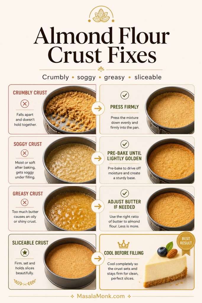 Almond flour crust fixes board showing crumbly, soggy, greasy, and sliceable cheesecake crust results with correction tips.