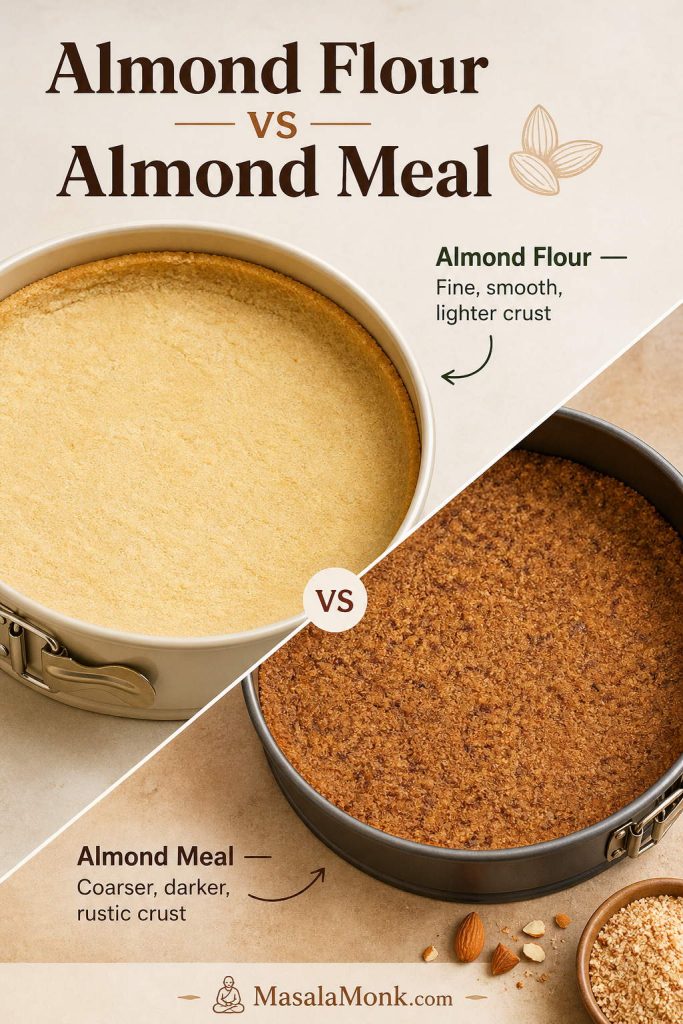 Comparison of almond flour cheesecake crust and almond meal cheesecake crust, showing a smoother lighter crust and a darker coarser crust.
