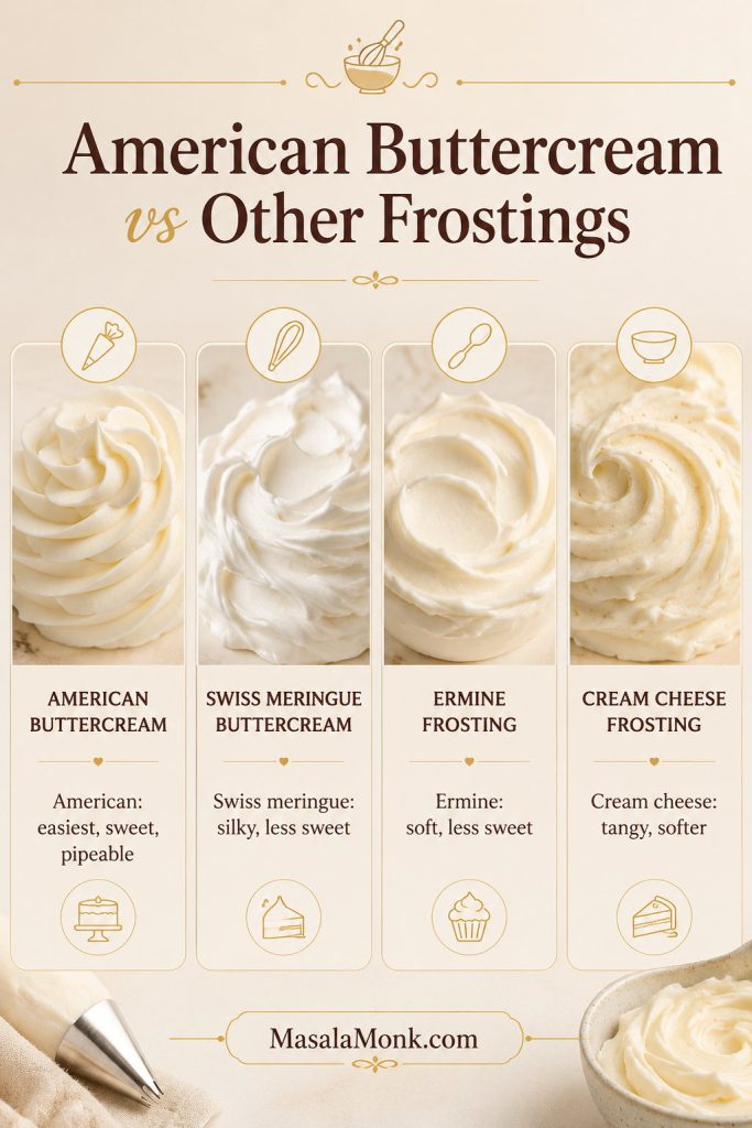 Comparison board of American buttercream, Swiss meringue buttercream, ermine frosting, and cream cheese frosting.