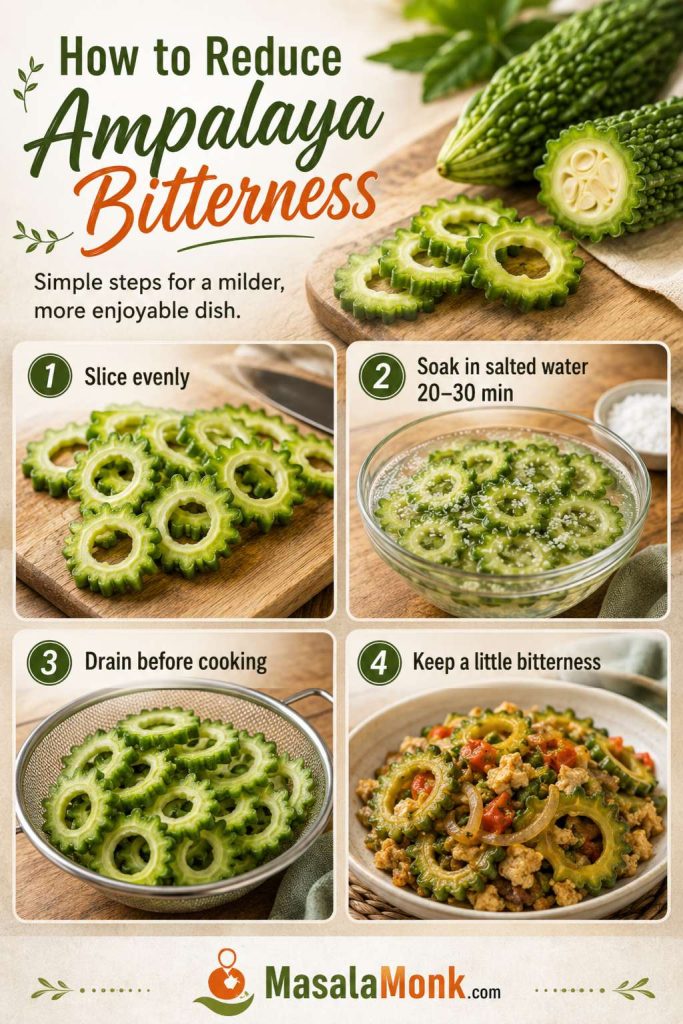 Ampalaya bitterness guide showing sliced bitter melon, soaking in salted water for 20 to 30 minutes, draining, and keeping some bitterness.