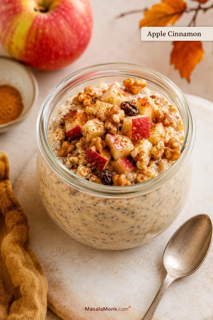 Apple cinnamon overnight oats topped with diced apple, cinnamon, walnuts, and raisins.