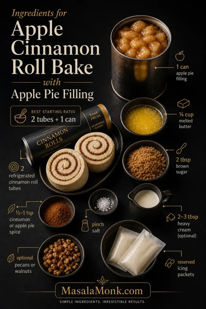 Ingredients for apple cinnamon roll bake including cinnamon roll tubes, apple pie filling, butter, brown sugar, cinnamon, salt, cream, pecans, and icing.
