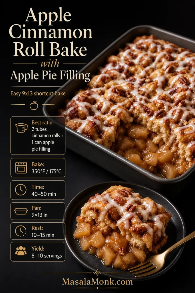 Quick guide for apple cinnamon roll bake with apple pie filling showing a 9x13 pan, 350°F bake temperature, 40 to 50 minute time, and 2 tubes to 1 can ratio.