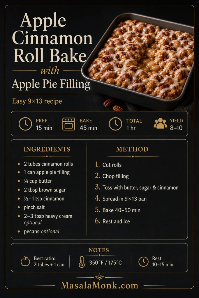 Saveable recipe card for apple cinnamon roll bake with apple pie filling listing prep time, bake time, yield, ingredients, and basic method.