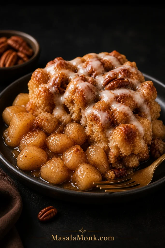 Close-up serving of apple cinnamon roll bake with glossy apple filling, icing drizzle, pecans, and a fork on a dark plate.