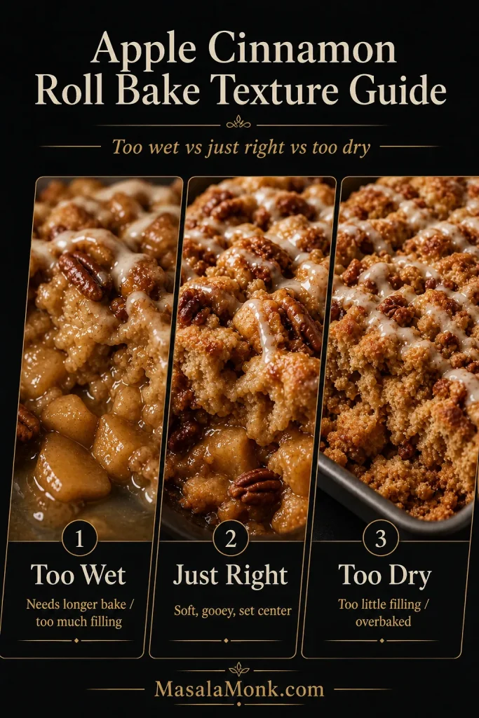 Texture guide for apple cinnamon roll bake showing too wet, just right, and too dry examples with apple filling and icing.