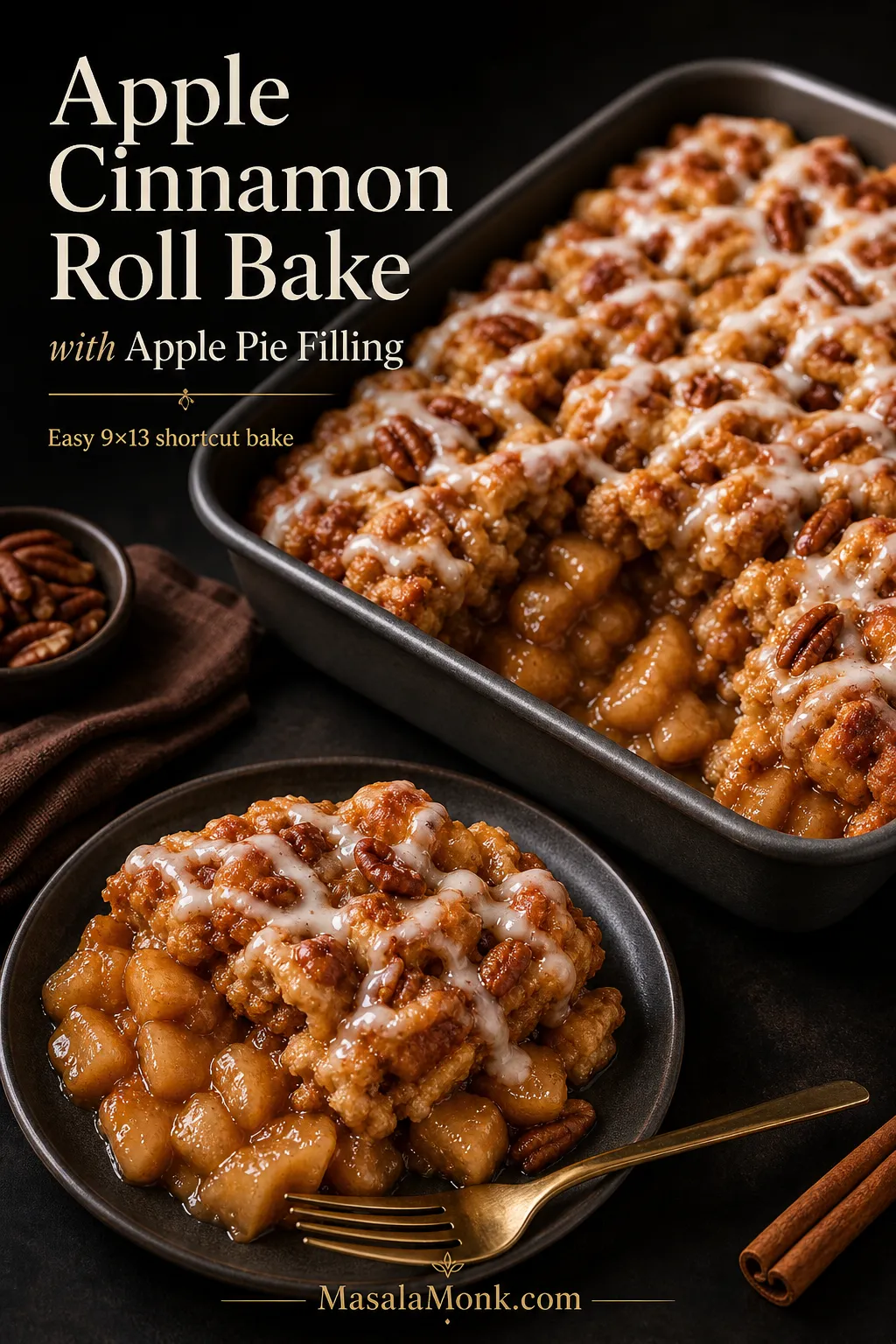 Apple cinnamon roll bake with apple pie filling in a dark 9x13 pan, topped with icing, pecans, and glossy apple pieces.