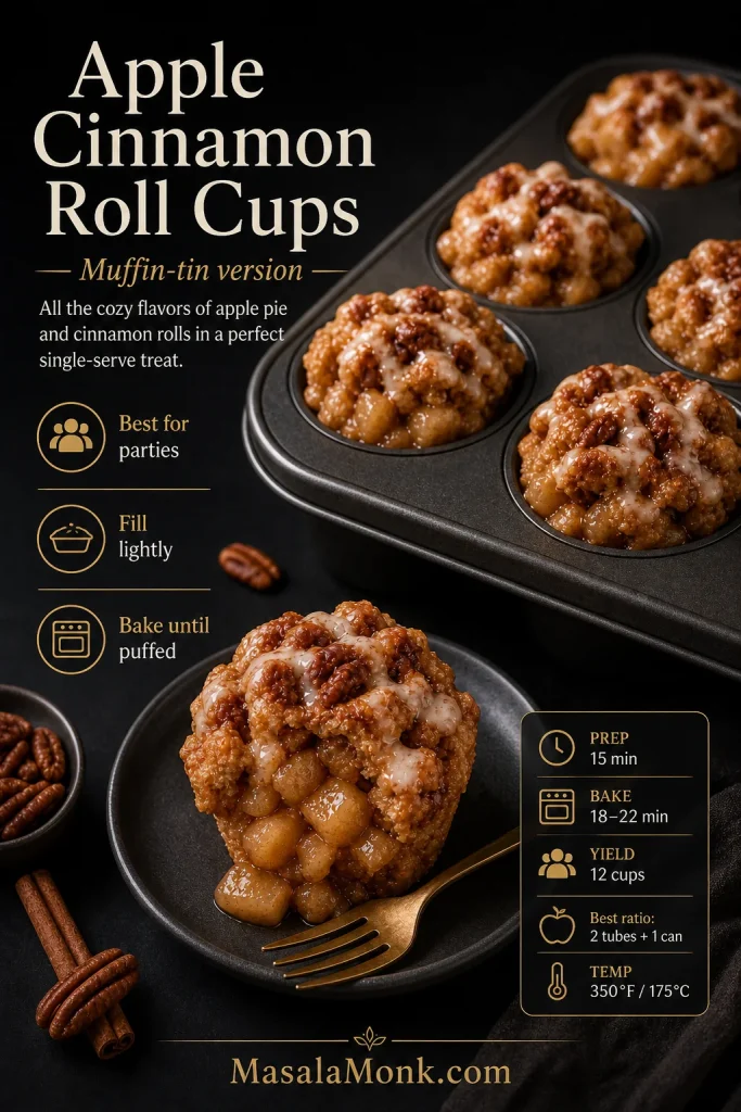 Apple cinnamon roll cups made in a muffin tin with apple pie filling, icing drizzle, pecans, and a plated single-serving cup.