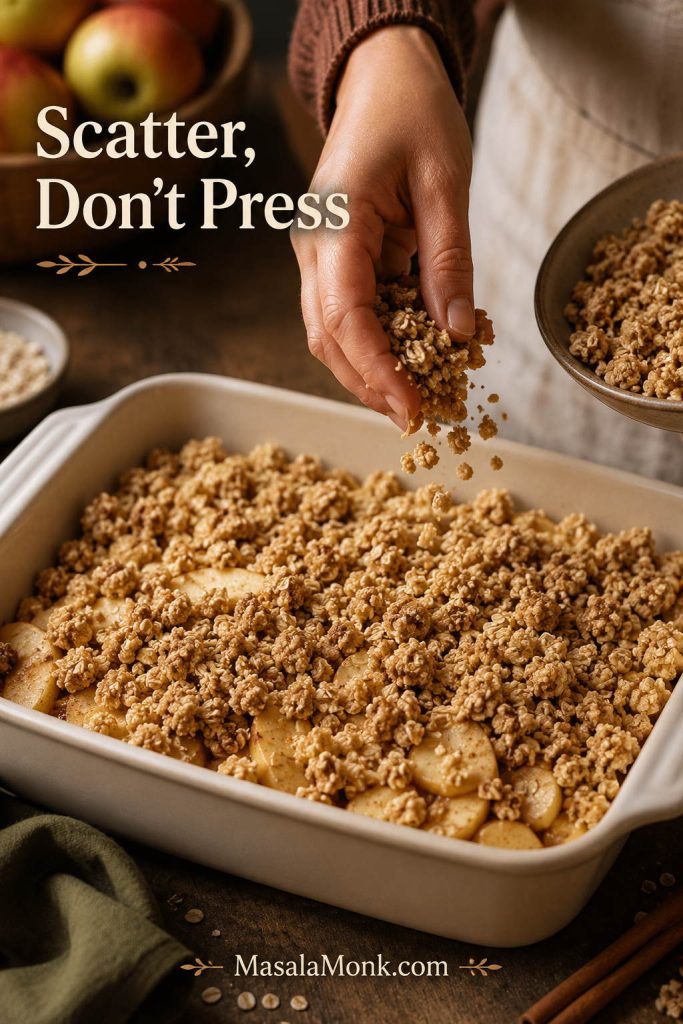 Oat crumble topping being scattered loosely over apple filling in a baking dish.