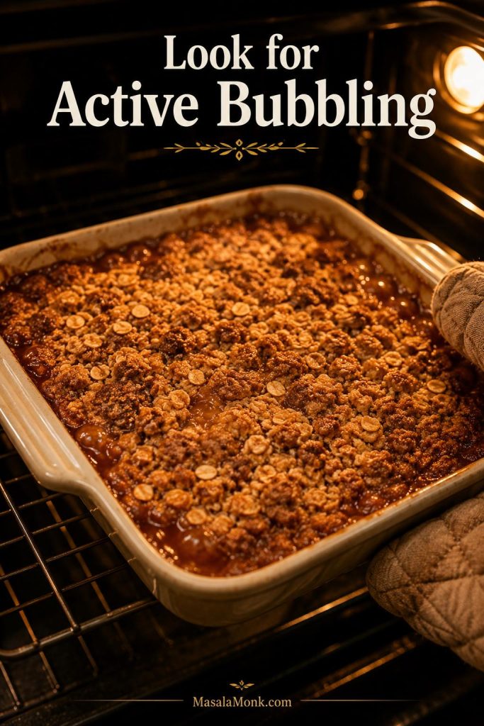 Apple crisp bubbling in the oven with golden oat topping in a cream baking dish.