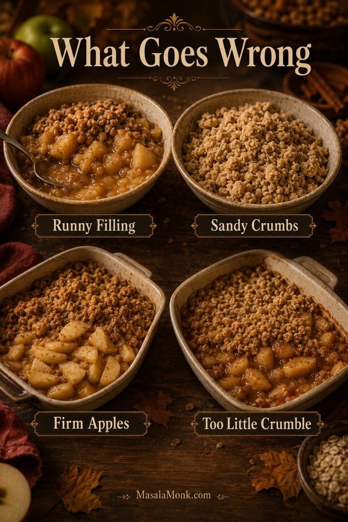 Apple crisp mistakes board showing runny filling, sandy crumbs, firm apples, and too little crumble.