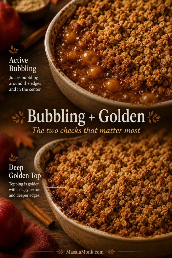 Apple crisp doneness guide showing bubbling apple filling and golden brown oat topping.