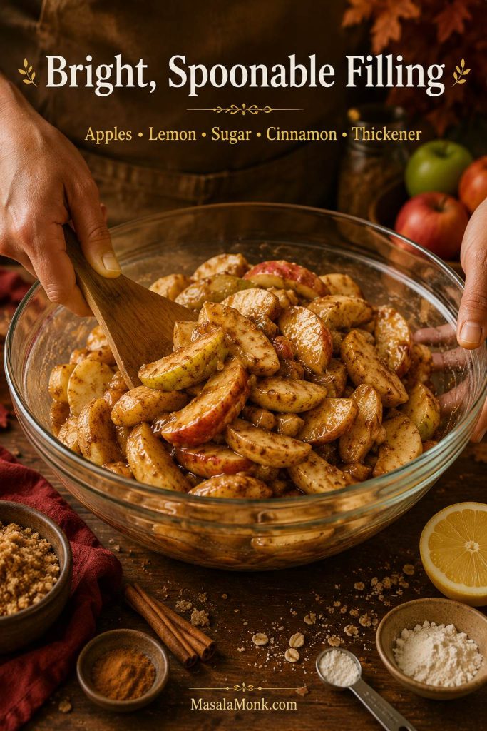 Sliced apples being mixed with lemon juice, brown sugar, cinnamon, and thickener for apple crisp filling.