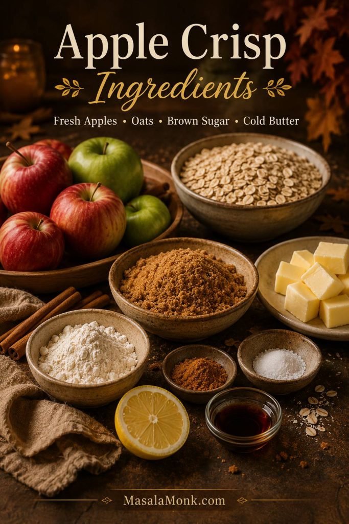 Apple crisp ingredients arranged on a baking surface, including apples, oats, brown sugar, butter, lemon, cinnamon, and flour.