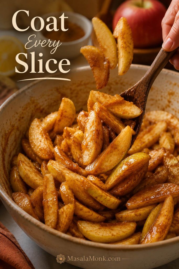Apple crisp filling being mixed until apple pieces are coated with cinnamon, brown sugar, lemon, and thickener.