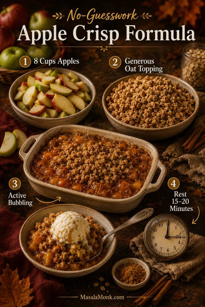No-guesswork apple crisp formula showing apples, oat topping, bubbling filling, and resting time.