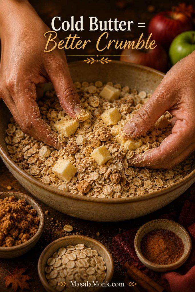 Hands mixing cold butter into oats, brown sugar, flour, and cinnamon for apple crisp topping.