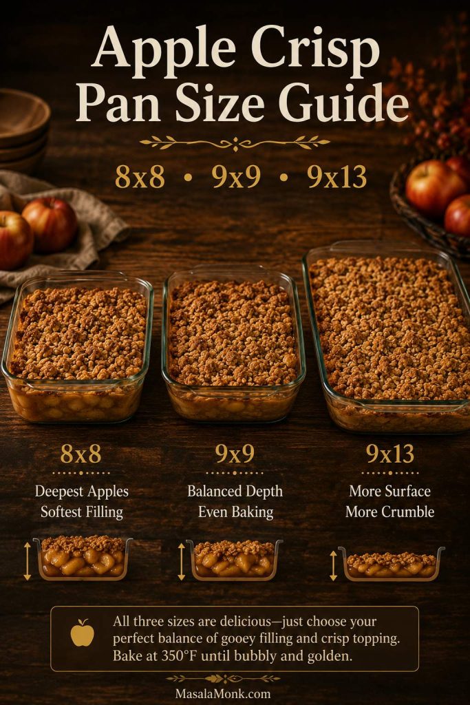 Apple crisp pan size guide comparing 8x8, 9x9, and 9x13 baking dishes.