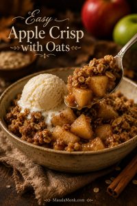Baked apple crisp in a cream dish with golden oat topping, glossy cinnamon apples, and vanilla ice cream.