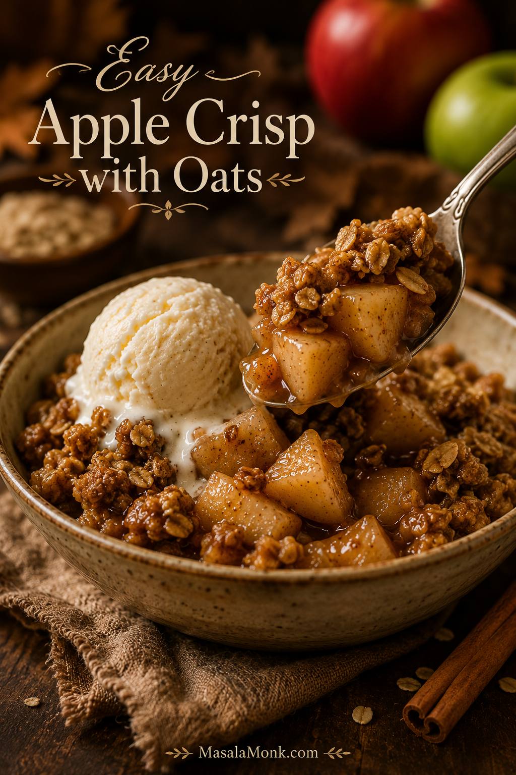 Baked apple crisp in a cream dish with golden oat topping, glossy cinnamon apples, and vanilla ice cream.