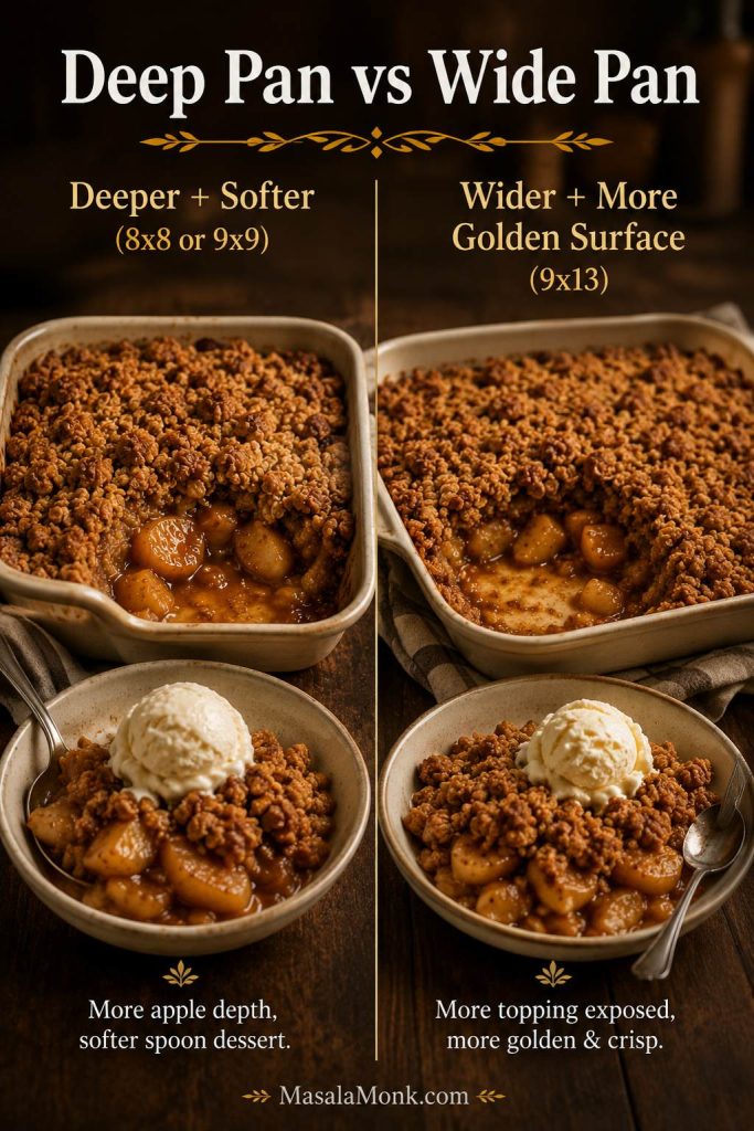 Deep pan and wide pan apple crisp comparison showing different apple depth and golden topping exposure.