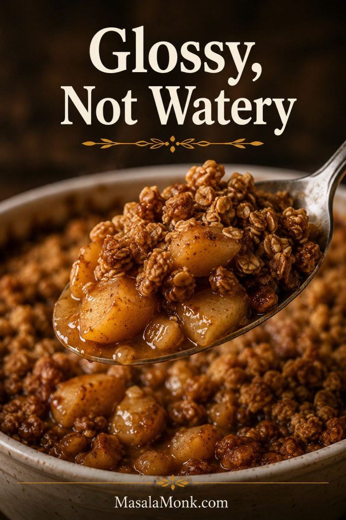 Spoon lifting glossy apple crisp filling with golden oat crumble from a warm bowl.
